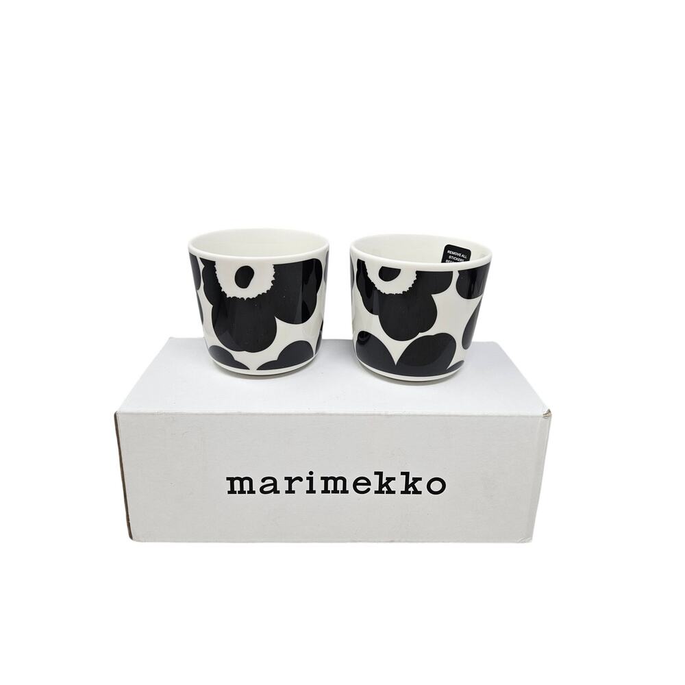 NEW Marimekko Oiva Unikko Black White Floral 2 Cups Mugs Coffee No Handle